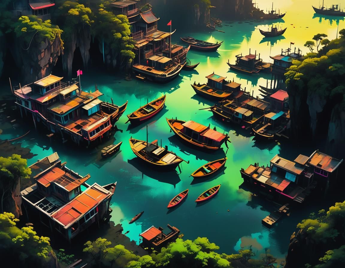 Cyberpunk Harbor Sunset in Chinese Ink Style