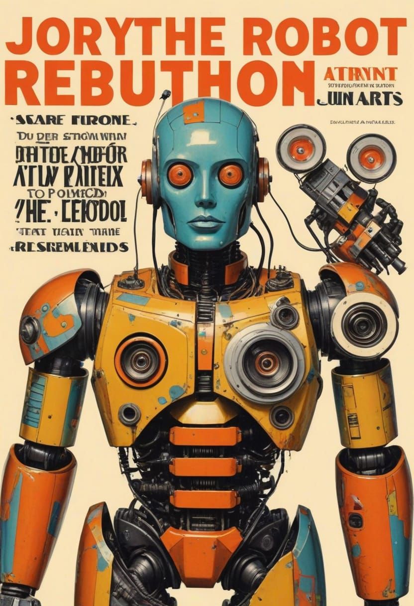 Cyberpunk Robot Rebellion in Whimsical Mixed Media Style