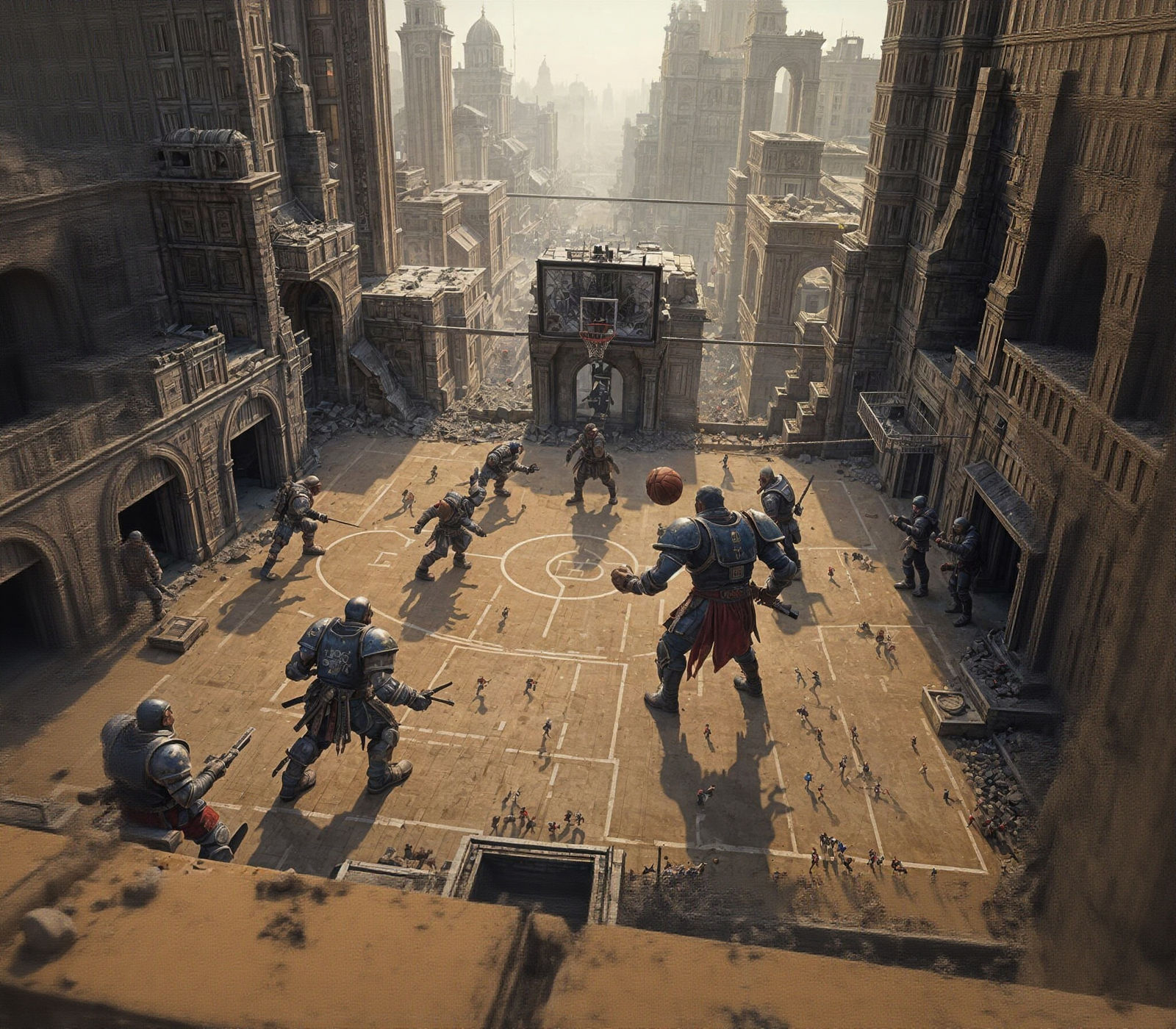 Orcs Play Basketball in Ruined City, Renaissance Style