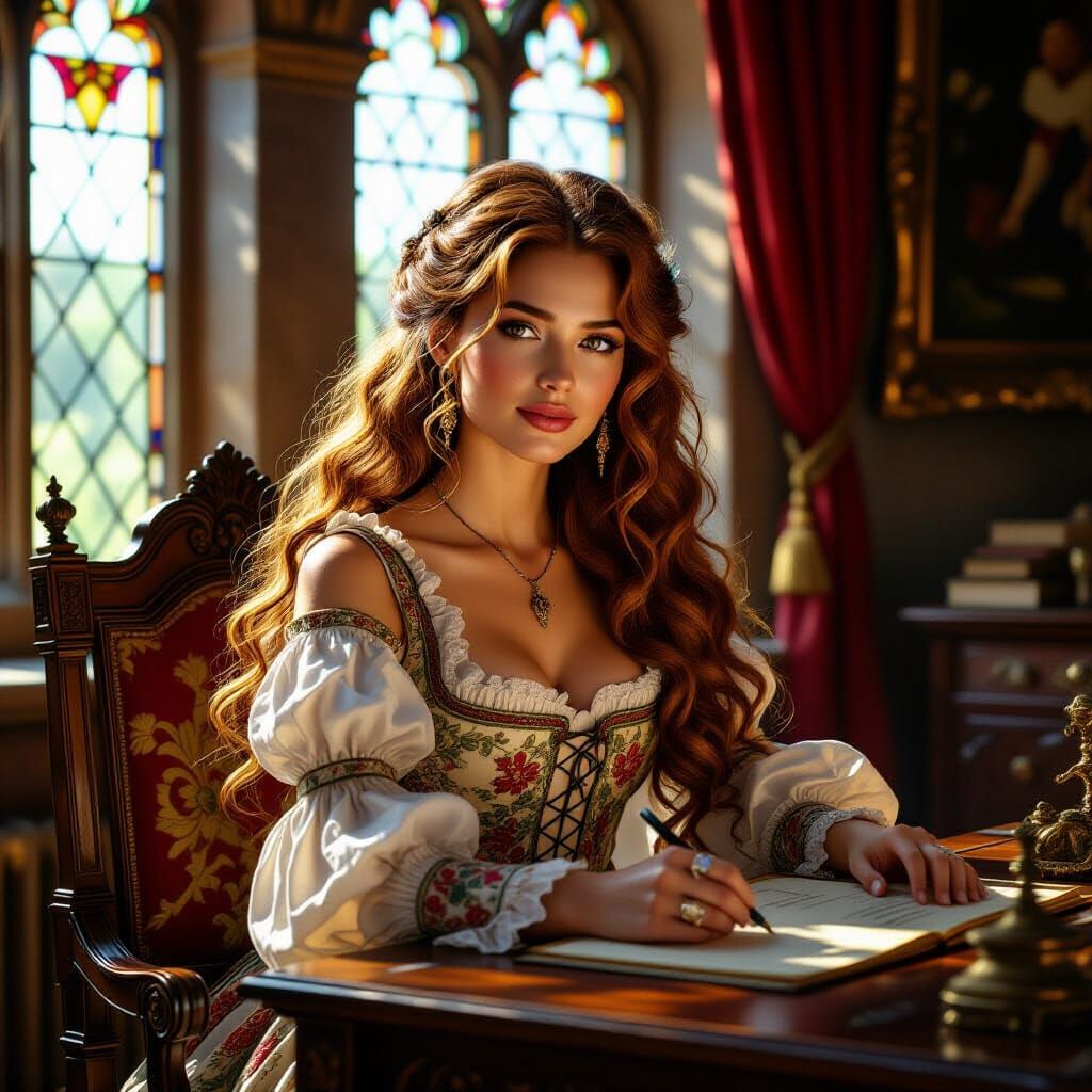 Renaissance Woman in Sunlit Castle Parlor