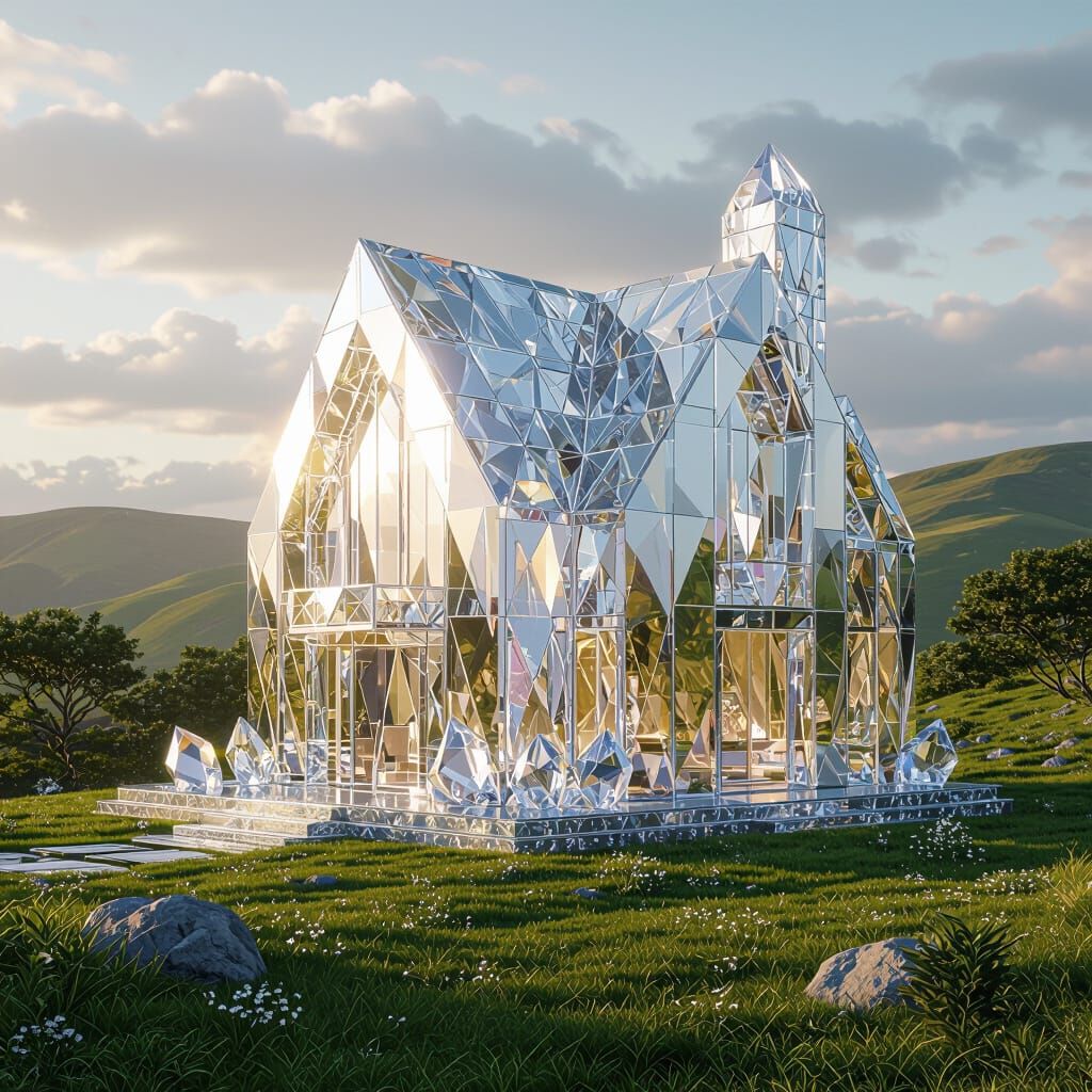 Diamond House in Lush Landscape, Futuristic Art Deco Style