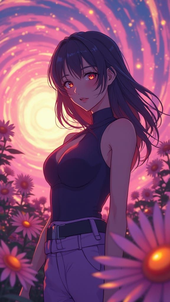 Anime Woman in Futuristic Sunflower Scene