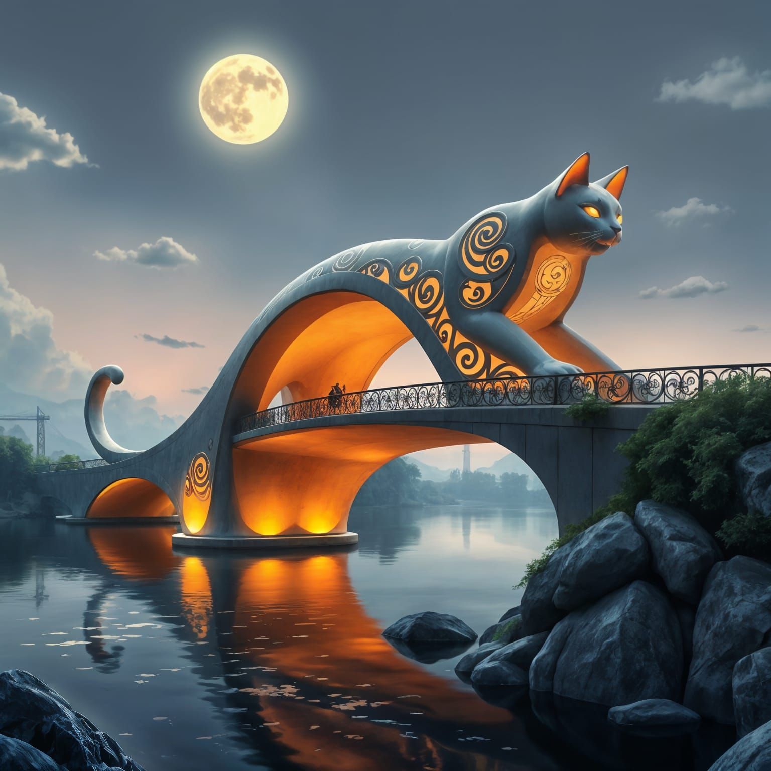 Regal Feline Bridge Spans Serene Waterway in Dreamlike World