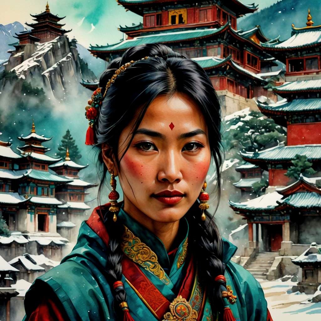Enigmatic Bhutanese Beauty in Snowy Landscape