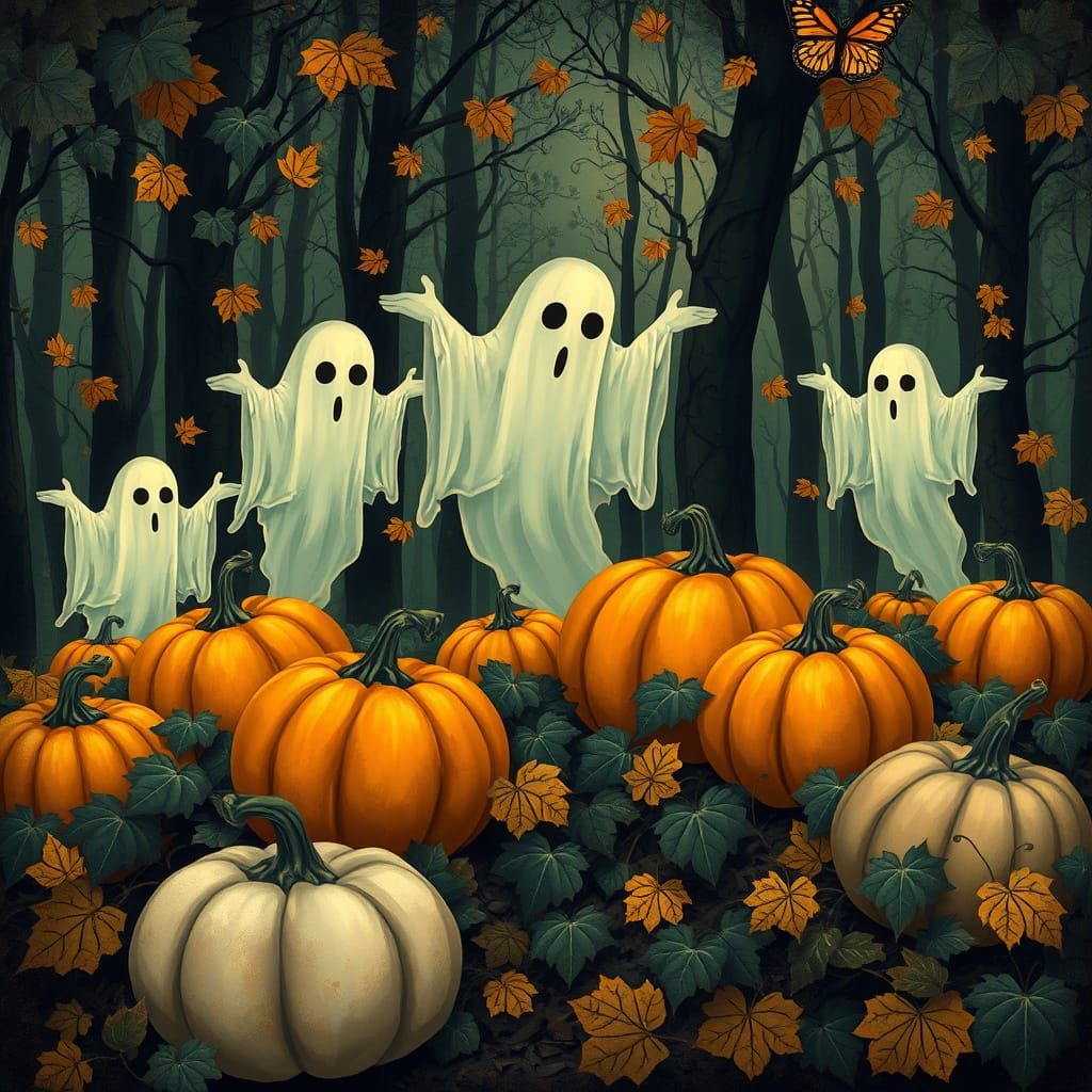 Ghosts in Bfall Woods with Pumpkins, Art Nouveau Style