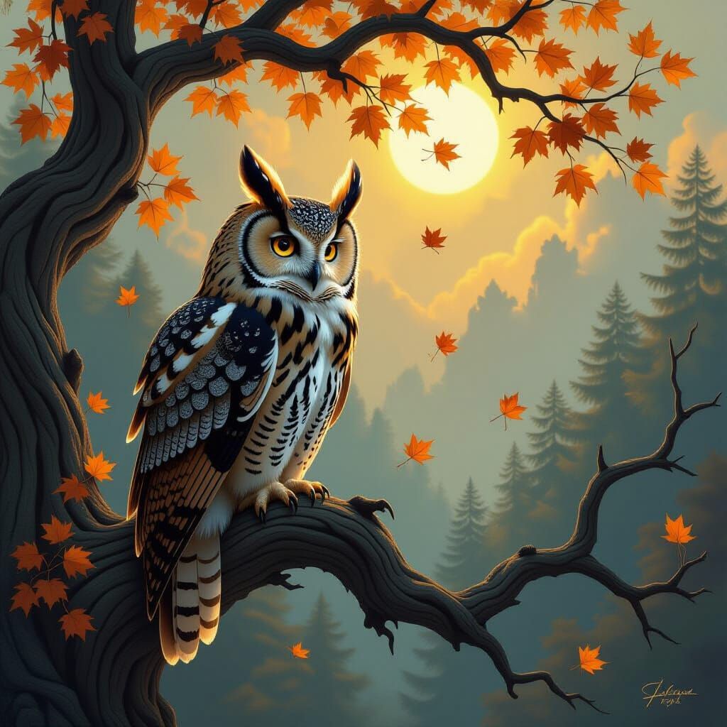 Majestic Owl on Ancient Oak in Mystical Autumn Forest