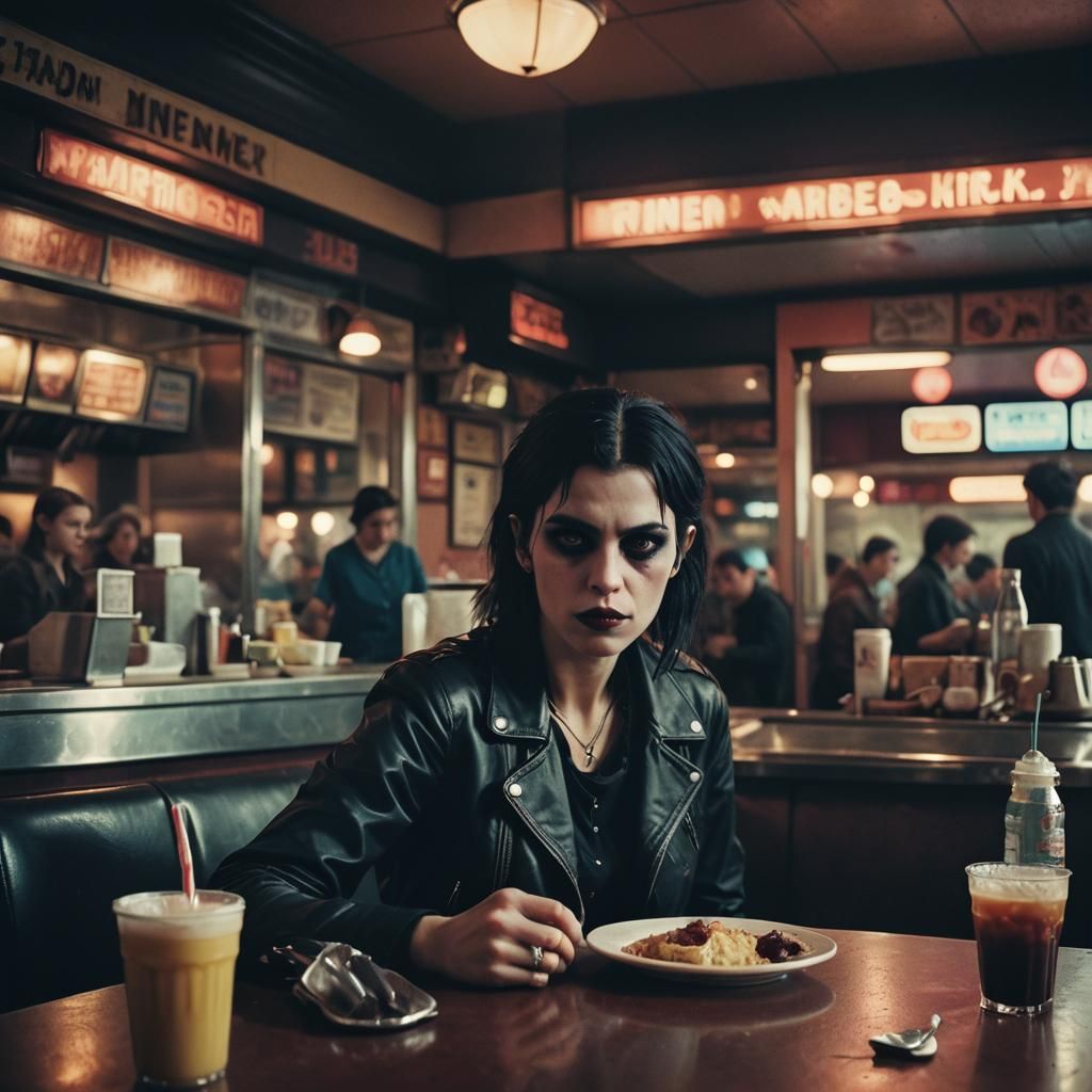 Vampiric Emo Woman at Diner: Cinematic Film Still