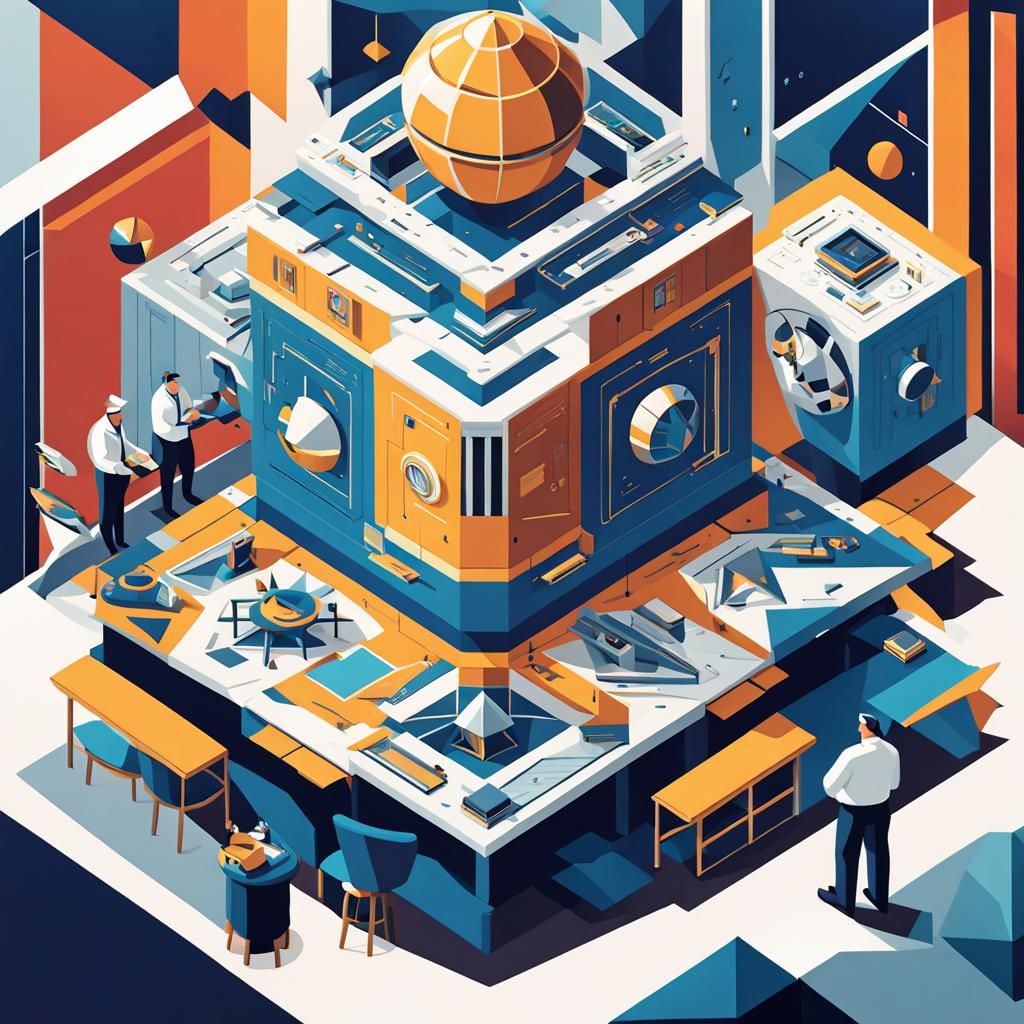 Apollo 13 Team Assembling Spaceship Model, Cubist Art