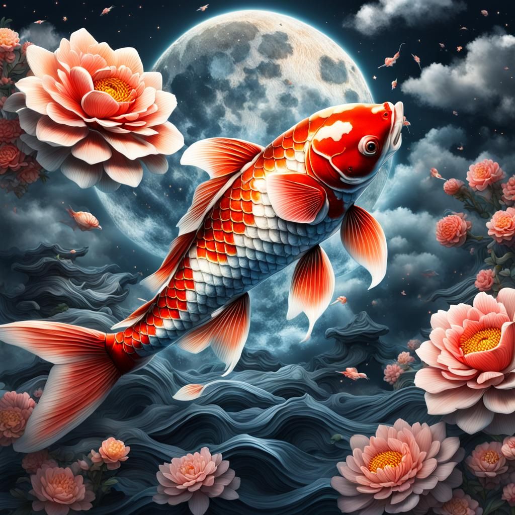 Giant Koi Fish with Japanese Flowers and Moon