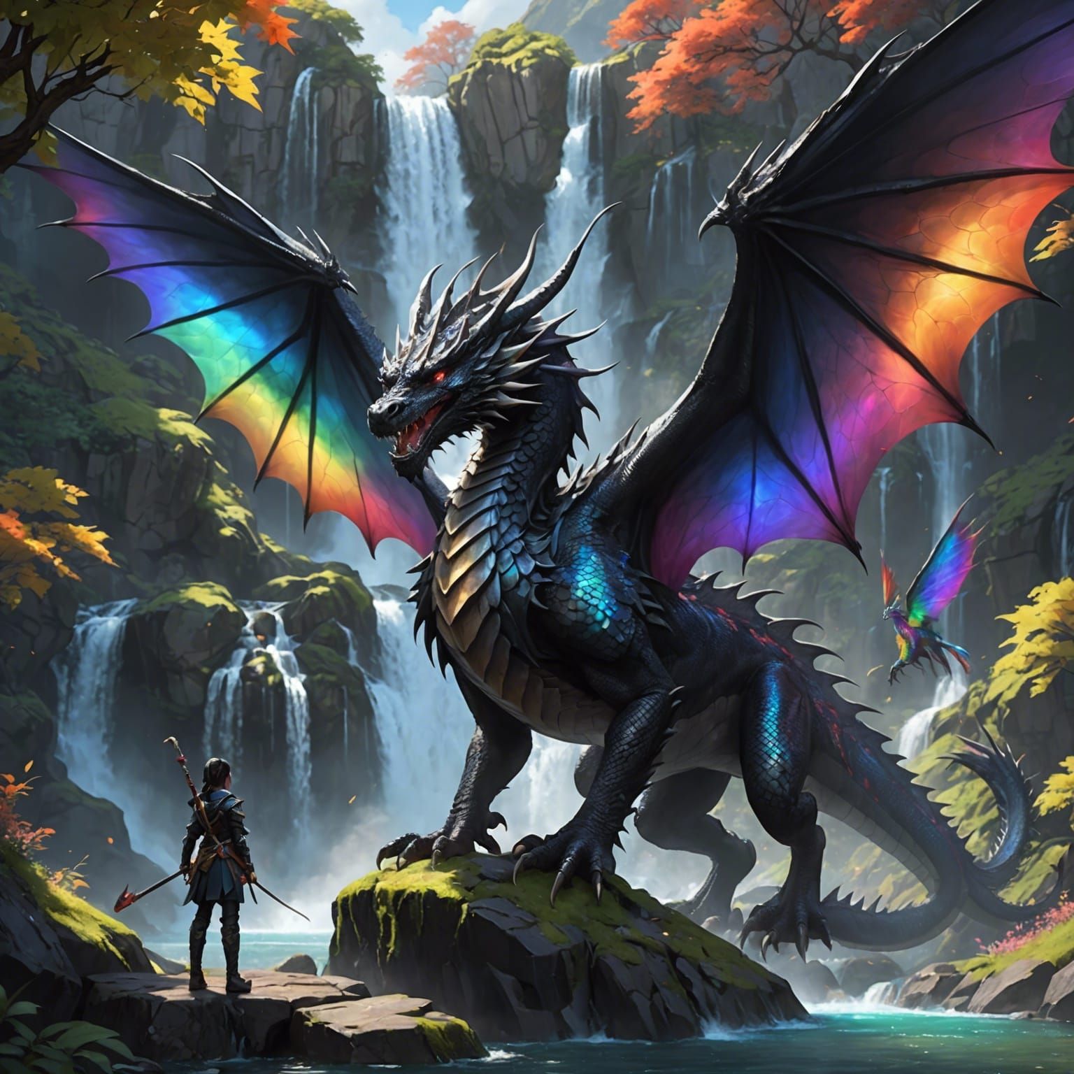 Rainbow Scaled Dragon Guardian with Waterfall Background