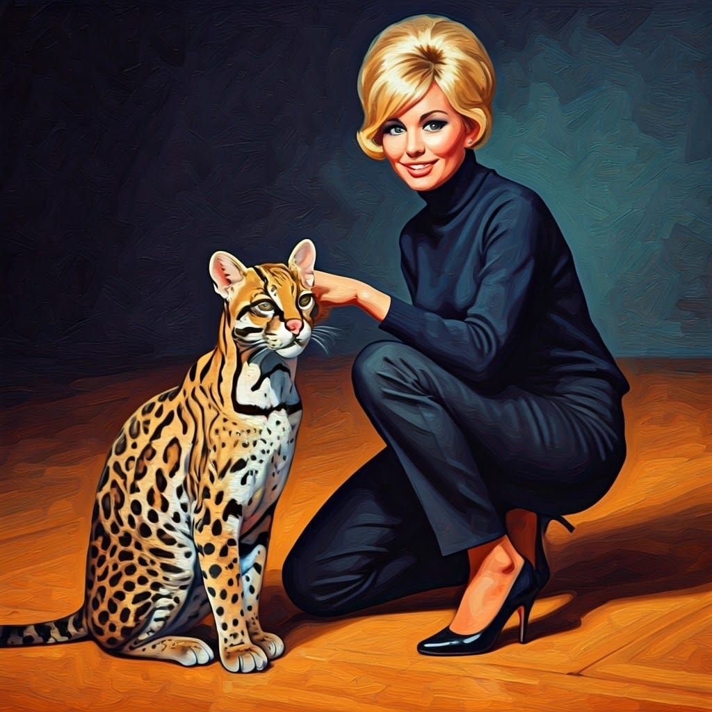 1960s Woman Petting Ocelot as Oil Portrait