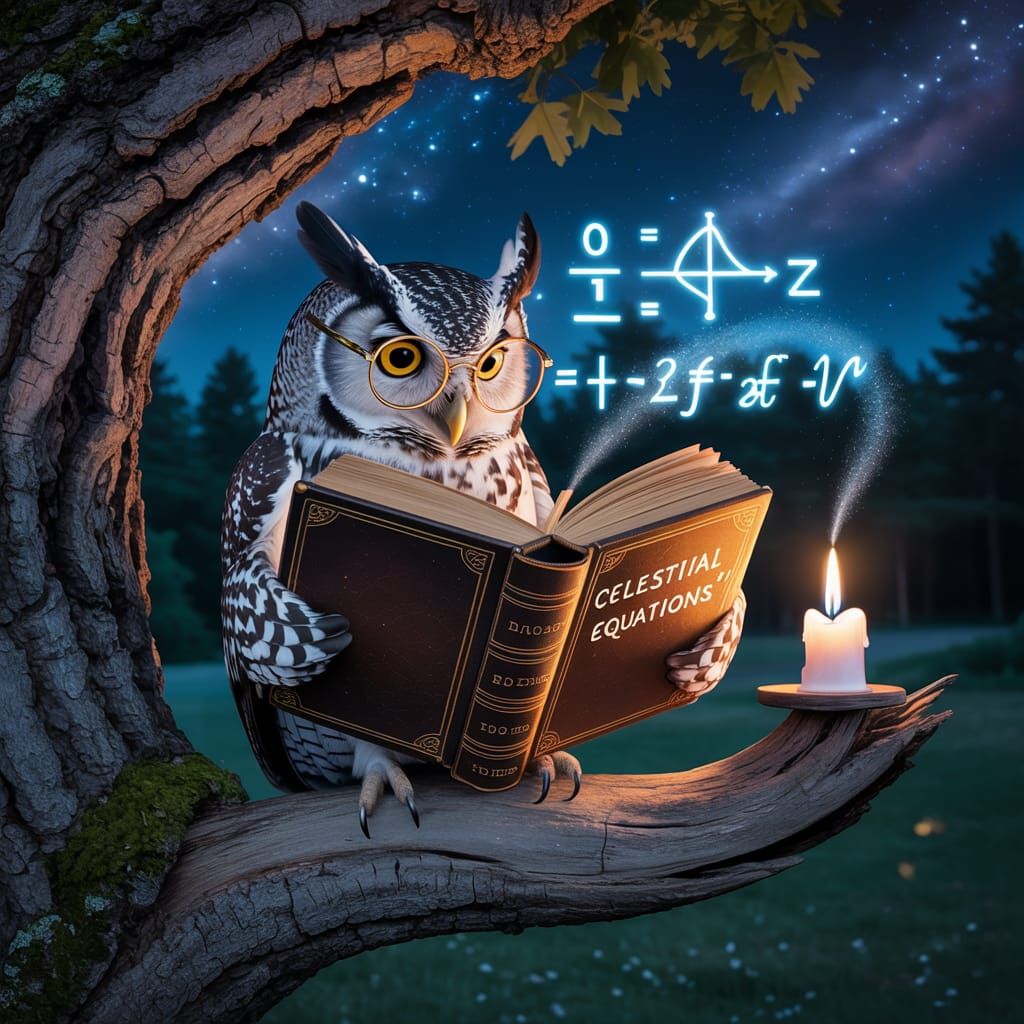 Wise Owl Reads Celestial Equations Under Starlit Sky