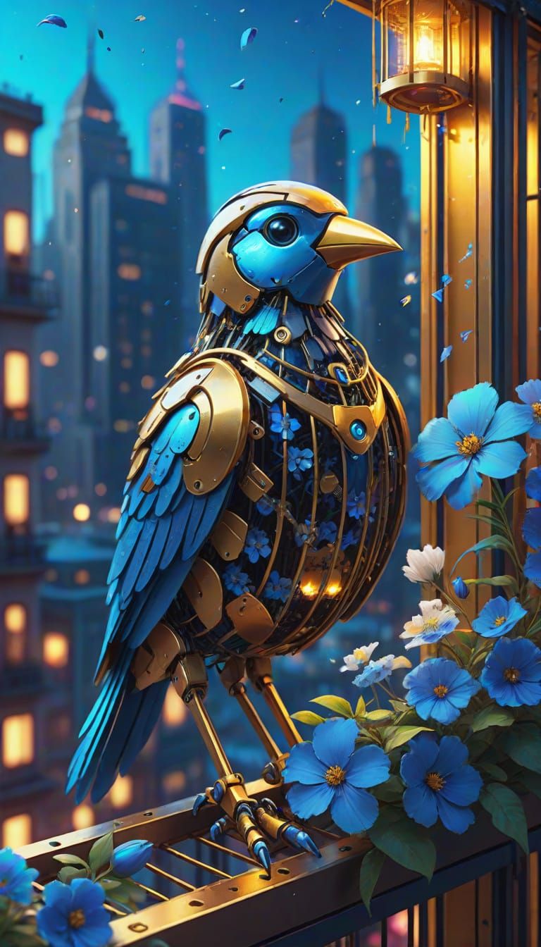 Robotic Bird in Cage Overlooking Sci-Fi City