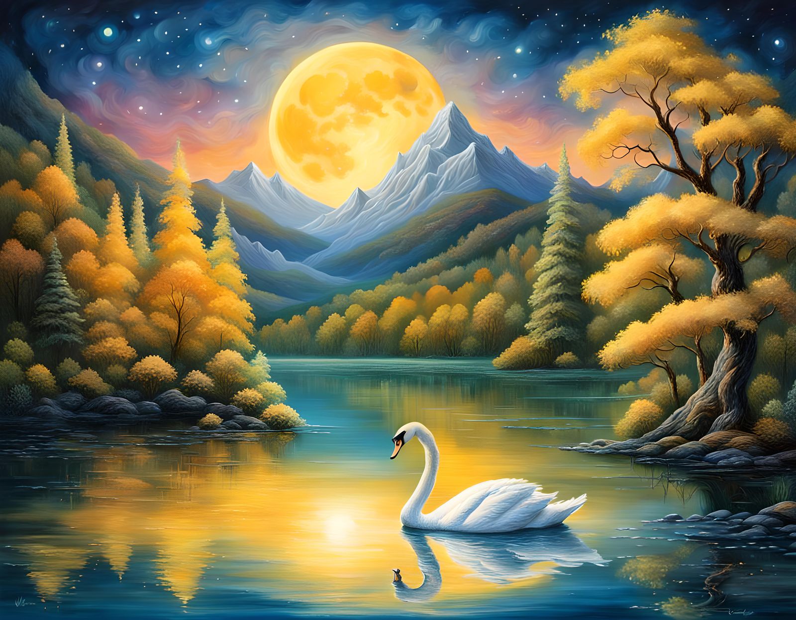 Swan and Moonlit Lake in Fantasy Art Style
