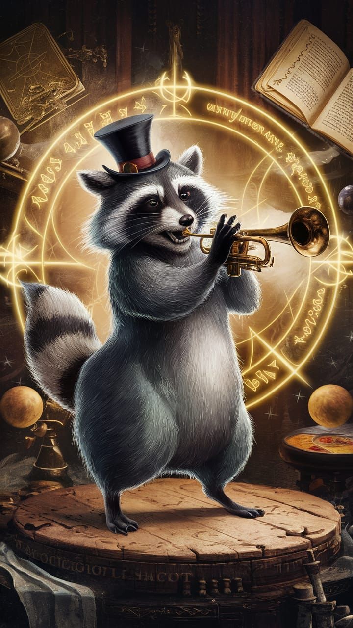 magic the gathering card. raccoon playing trumpet. antique w...