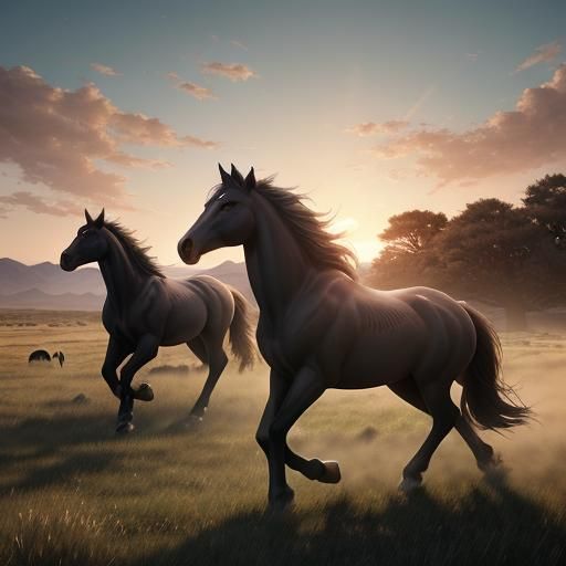 Wild Horses Grazing: Anime Concept Art in 3D