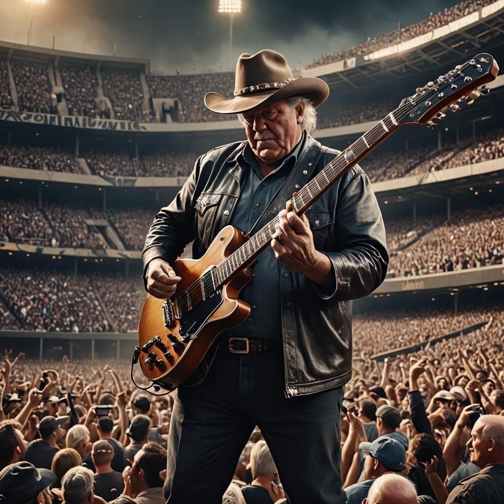 Old Man Plays Guitar in Stadium