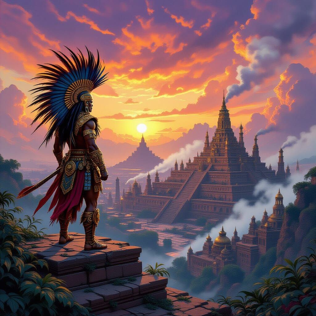 Aztec Warrior Overlooks Steampunk Metropolis