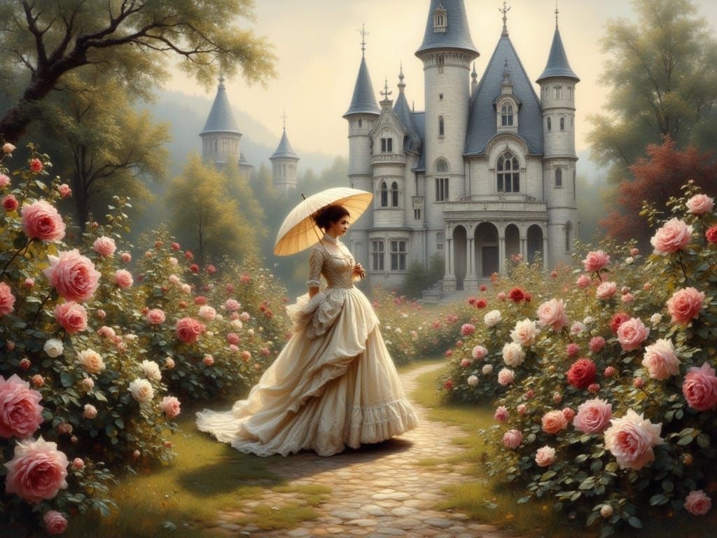 Elegant Victorian Lady in a Lush Rose Garden