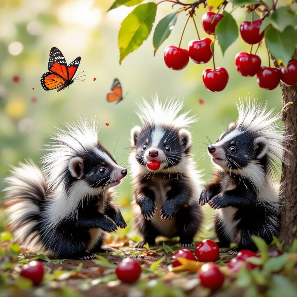 Playful Skunks Stealing Cherries in Morning Dew
