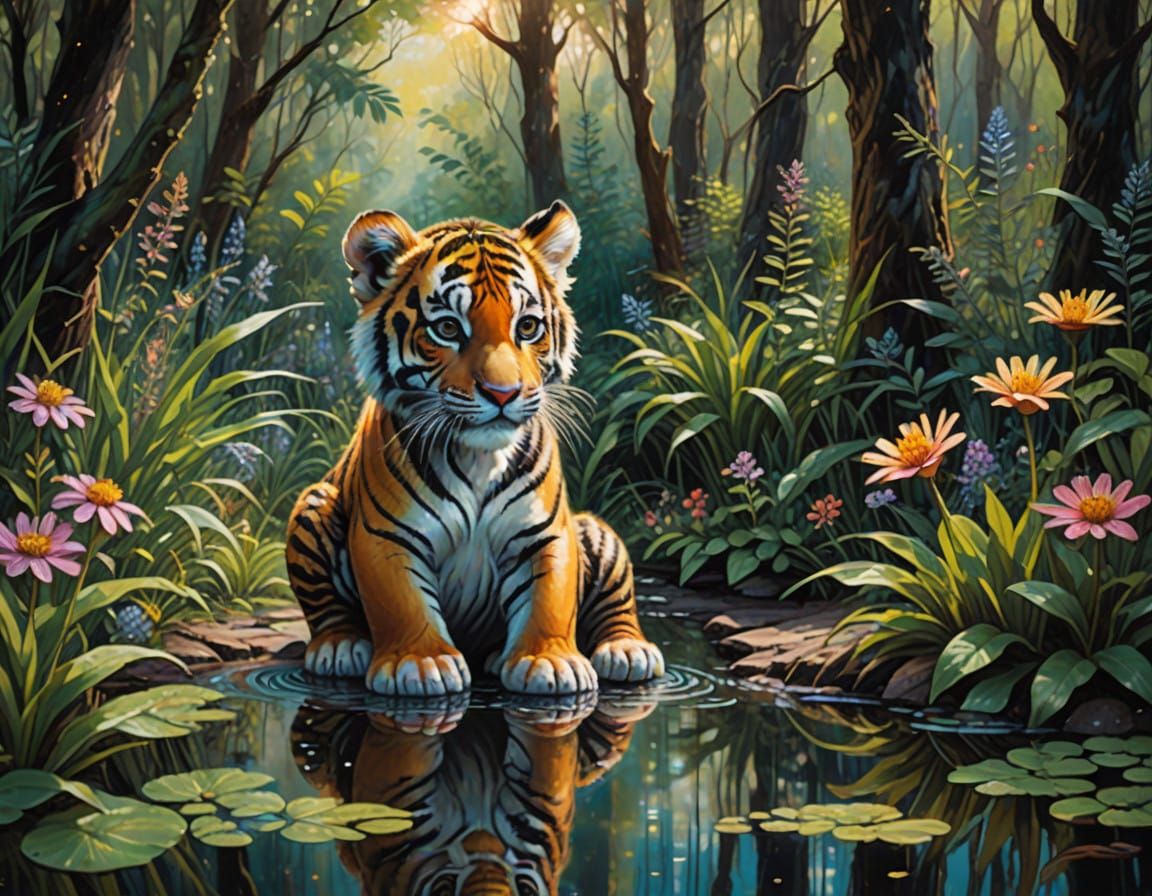 Tiger Cub Contemplates His Reflection in a Vibrant Forest Sc...