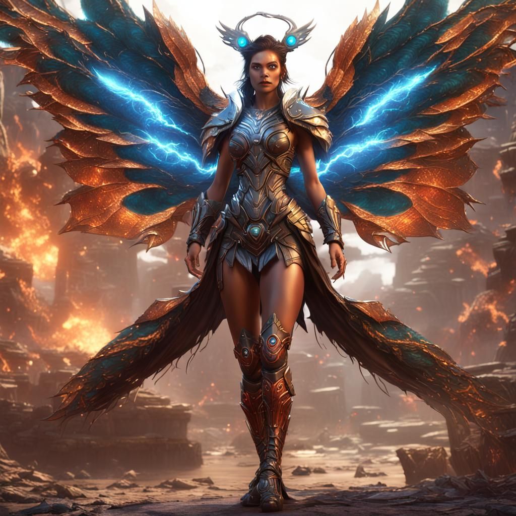 Cyborg Valkyrie with Butterfly Peacock Features in Fantasy A...