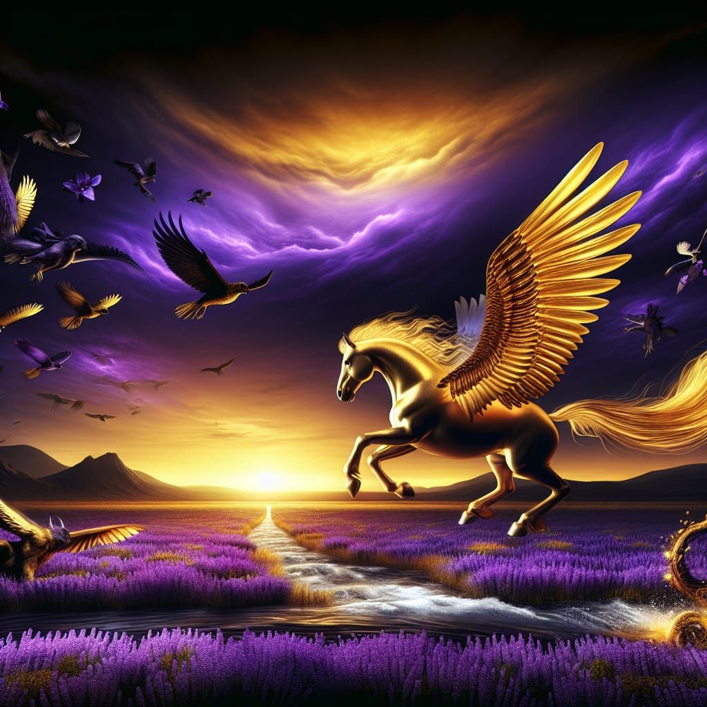 Golden Winged Horse Galloping Through Lavender Field in Art ...