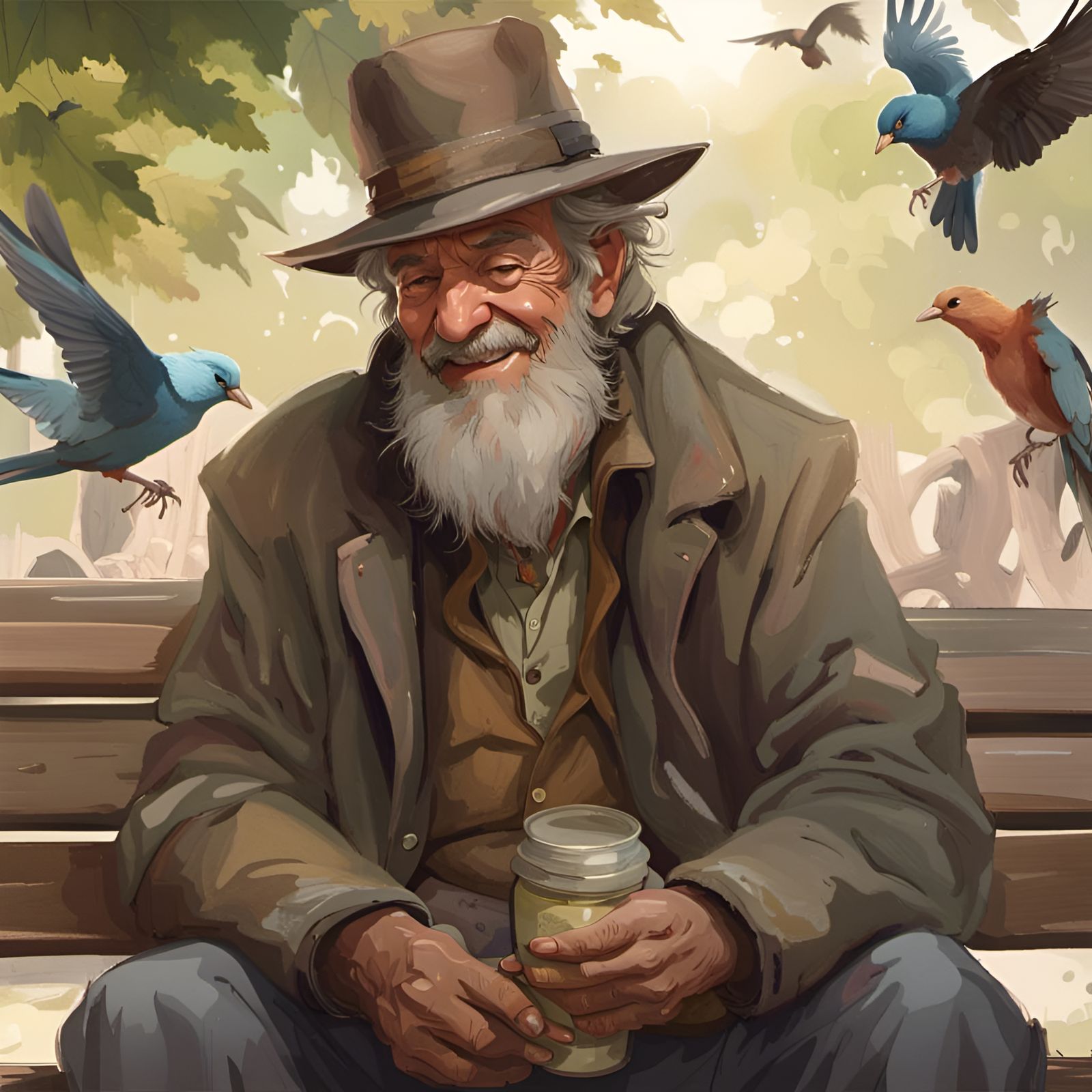 Joyful Hobo Feeds Birds: Detailed Portrait