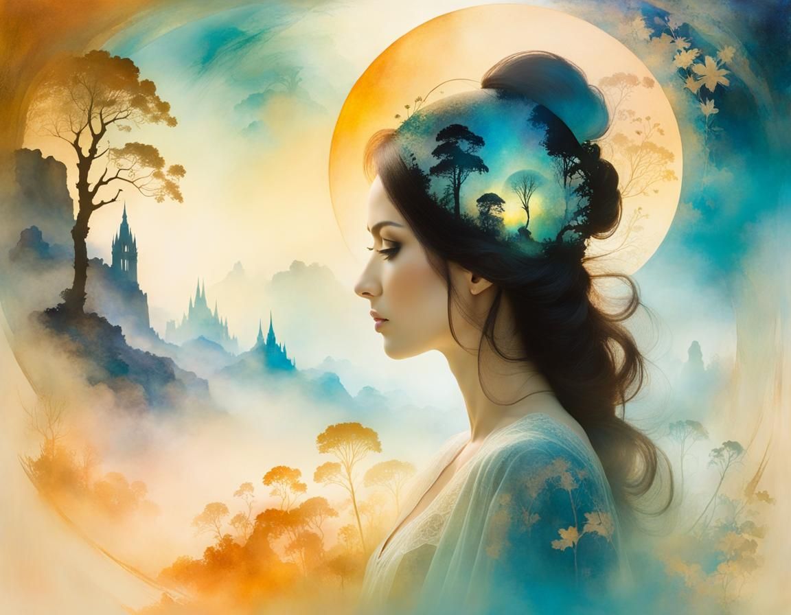 Fantasy Woman in Double Exposure Landscape