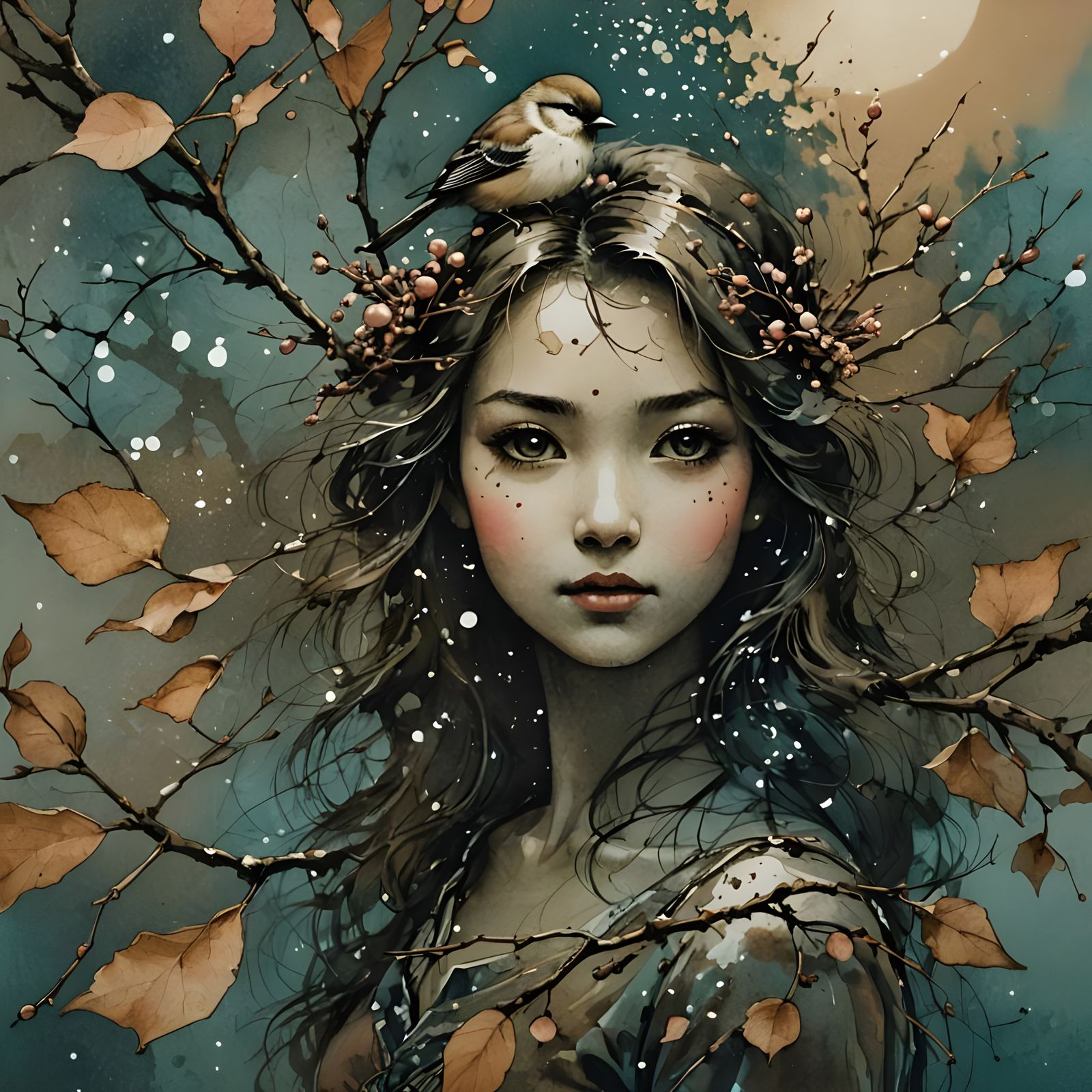 Bird on Branch in Sumi-e Style Pop Art