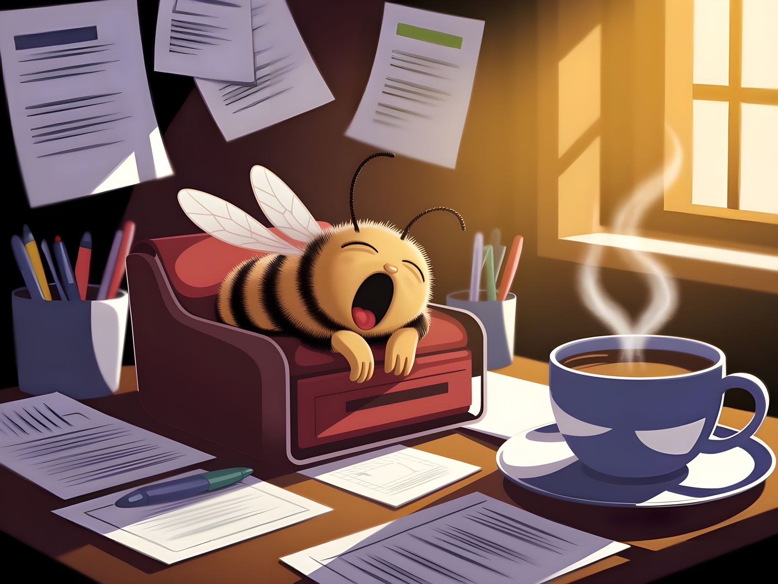 Sleepy Bee Yawning in Cluttered Office Illustration