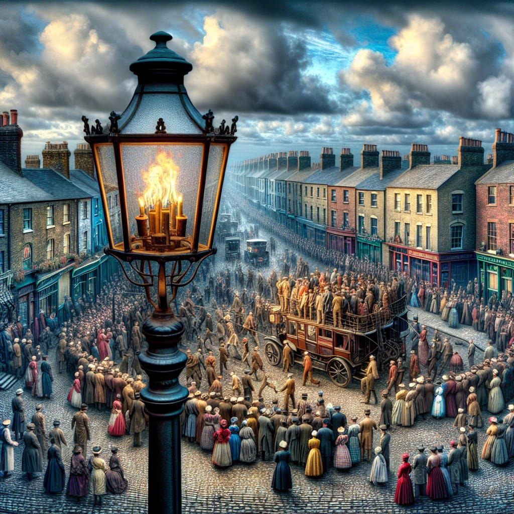Victorian Street Scene by Gaslight in Hyper-Maximalist Style