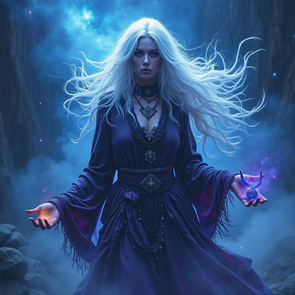 Mystical Sorceress in Cosmic Dreamscape, Holographic Art