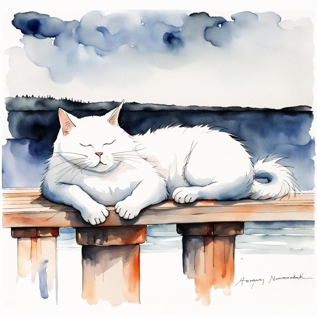 Cat Nap on Pier: Watercolor and Ink Drawing