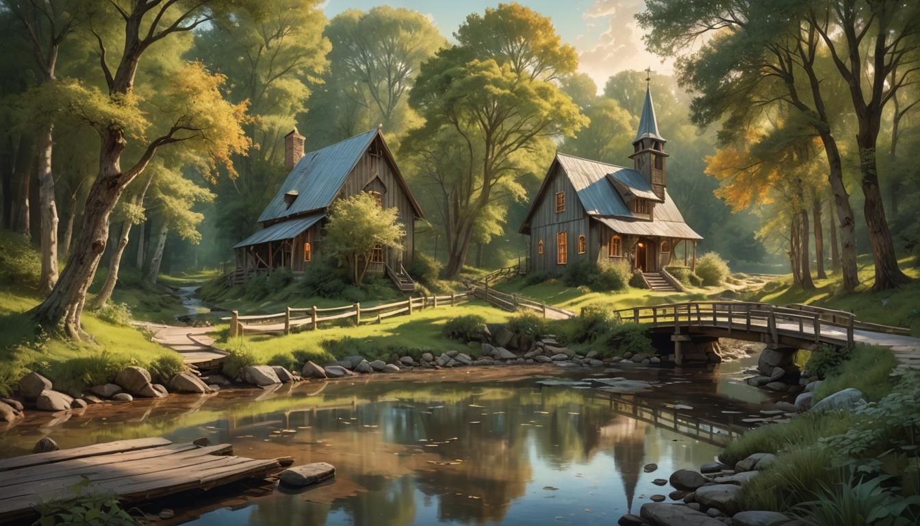 Chapel and Farmhouse Dreamscape in Digital Art