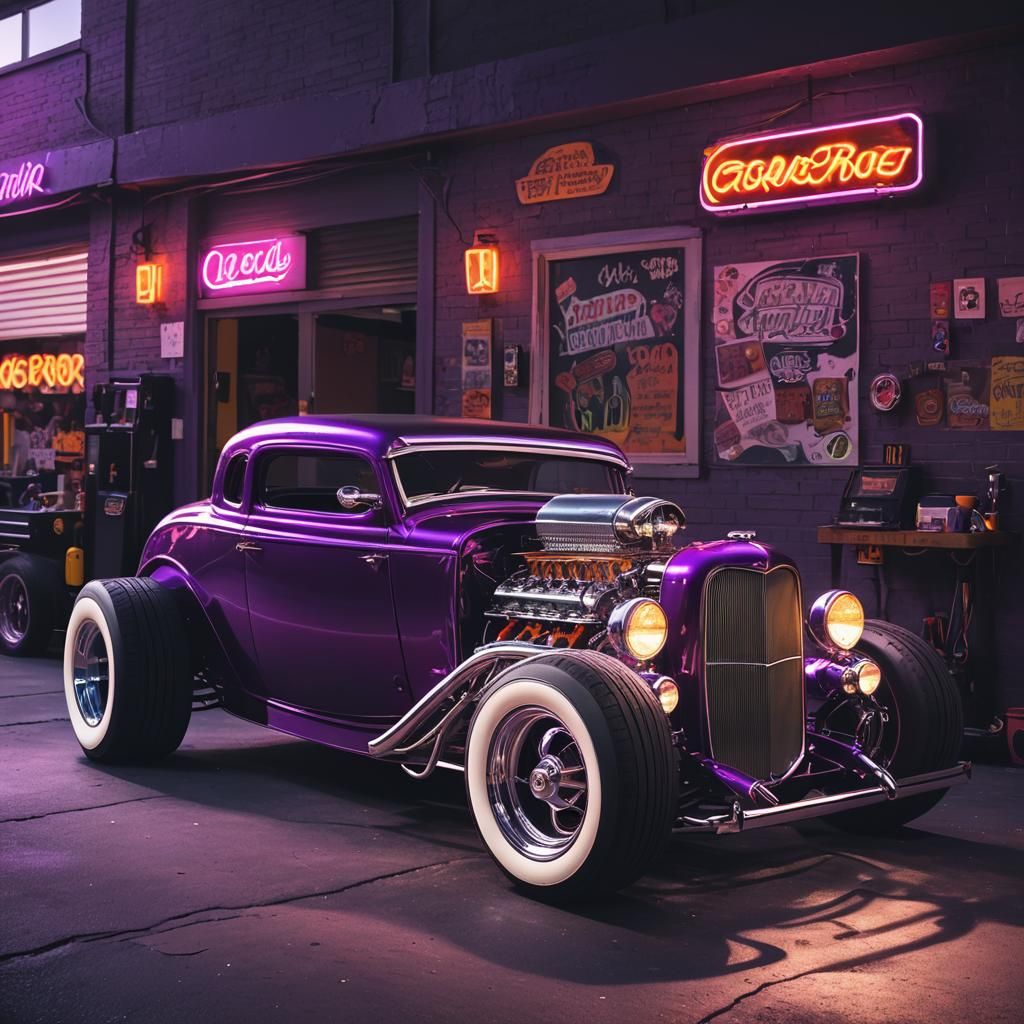 Neon-Lit Garage Showcases Sleek Plum Hot Rod
