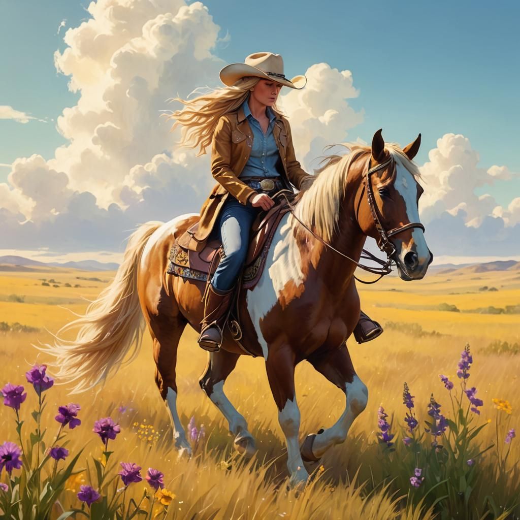 Cowgirl on Horseback in Wildflower Meadow