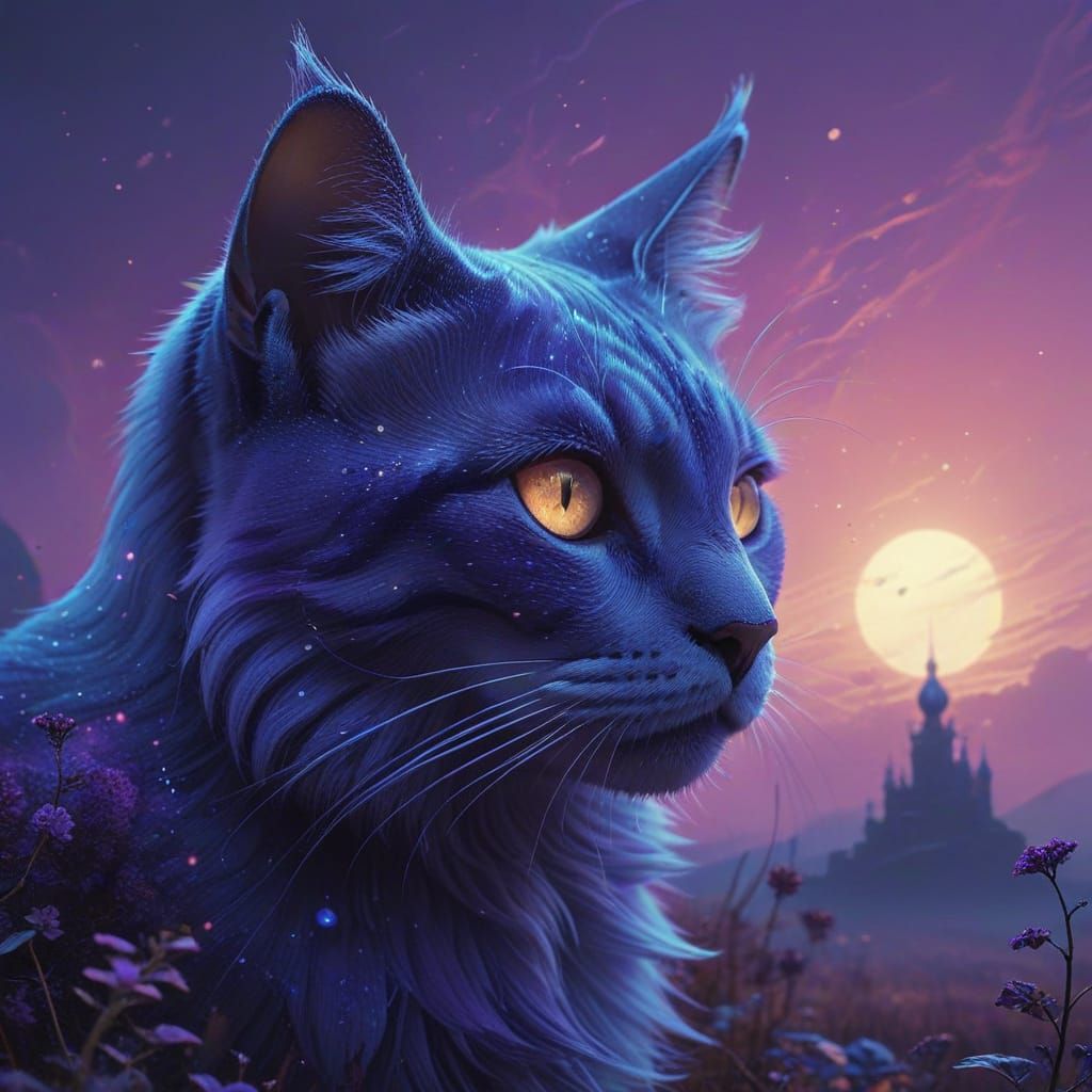 Surreal Fantasy Cat in Ethereal Glow with Mystical Symbols