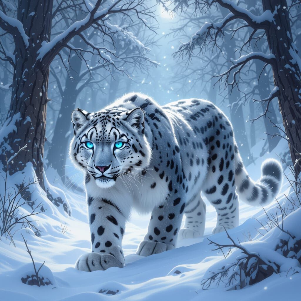 majestic snow leopard with ethereal, glowing blue eyes, prowling through a mystical landscape