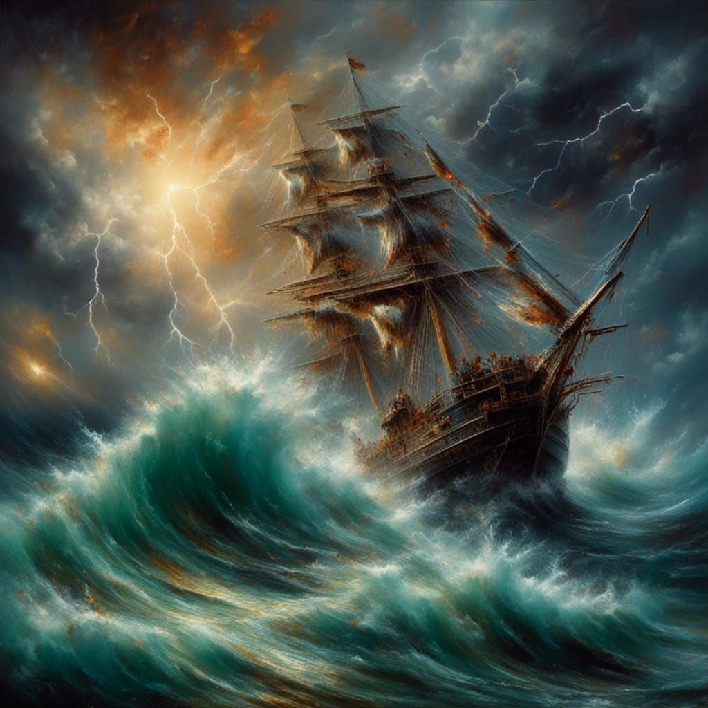Sailing Ship in Wild Storm: Hyperrealistic Seascape