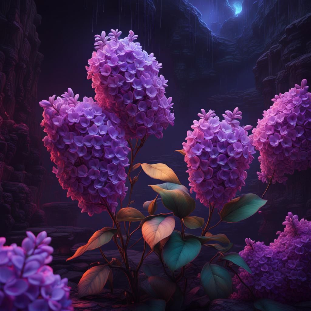 Neon Lilacs with Blacklight Effect in Digital Art