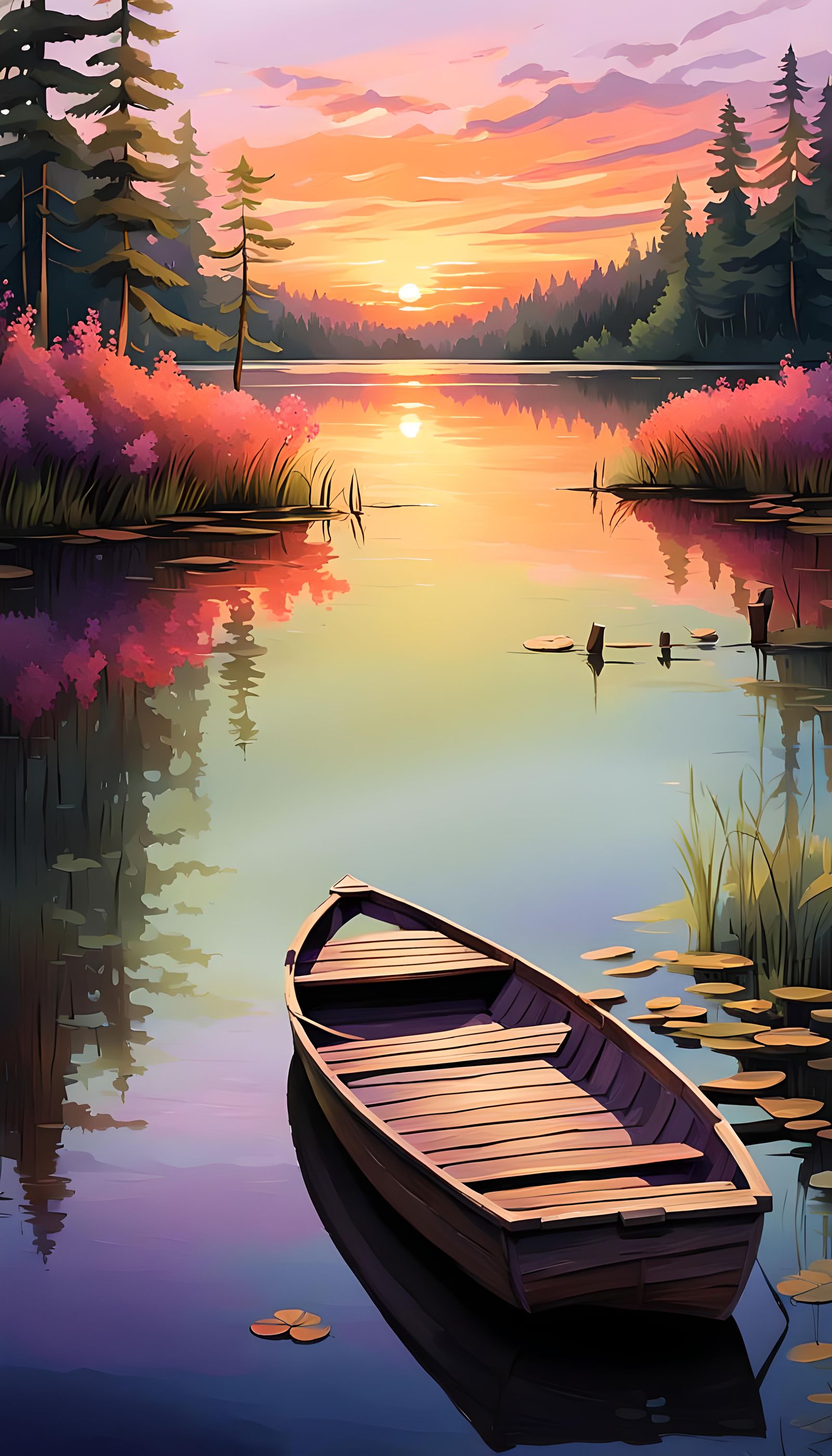 Tranquil Sunset Over Lake with Boat: Impressionistic Style