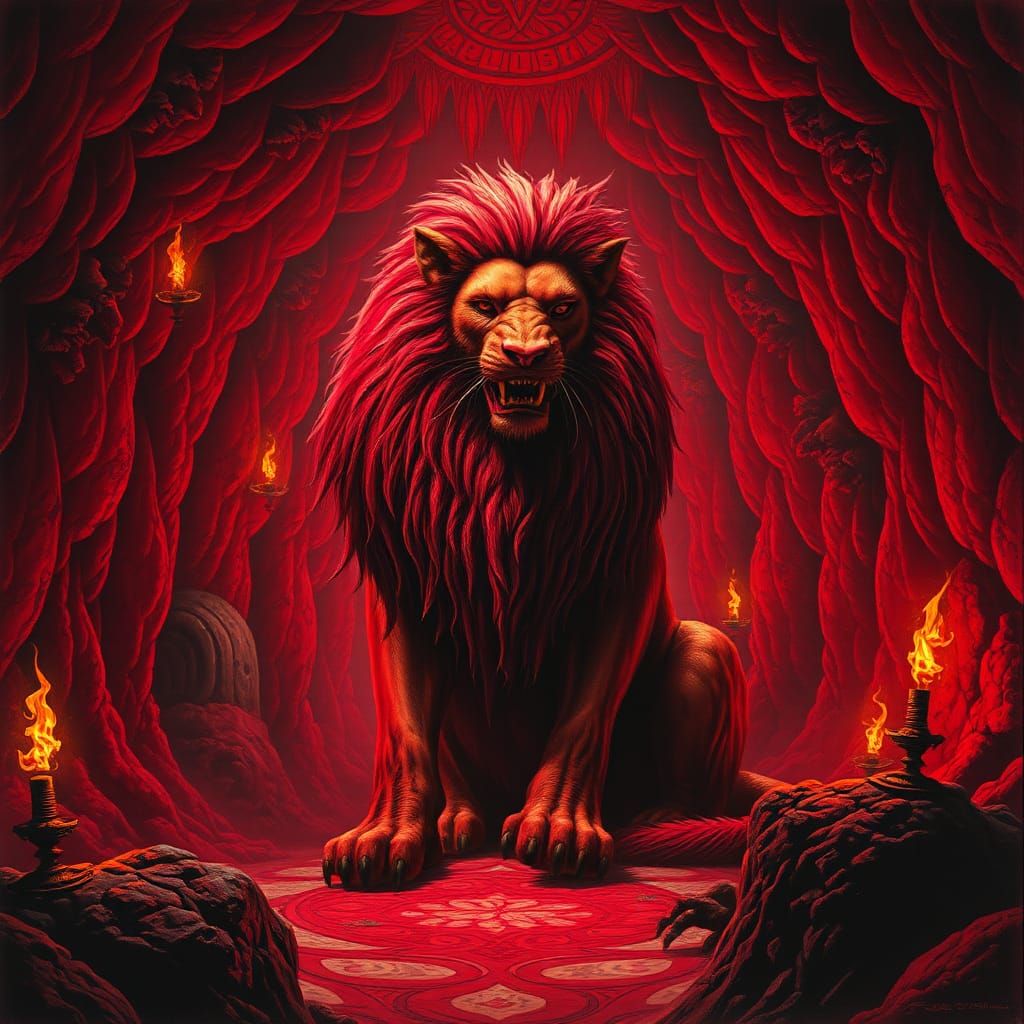 Crimson Manticore in Red Grotto, Surrealist Art