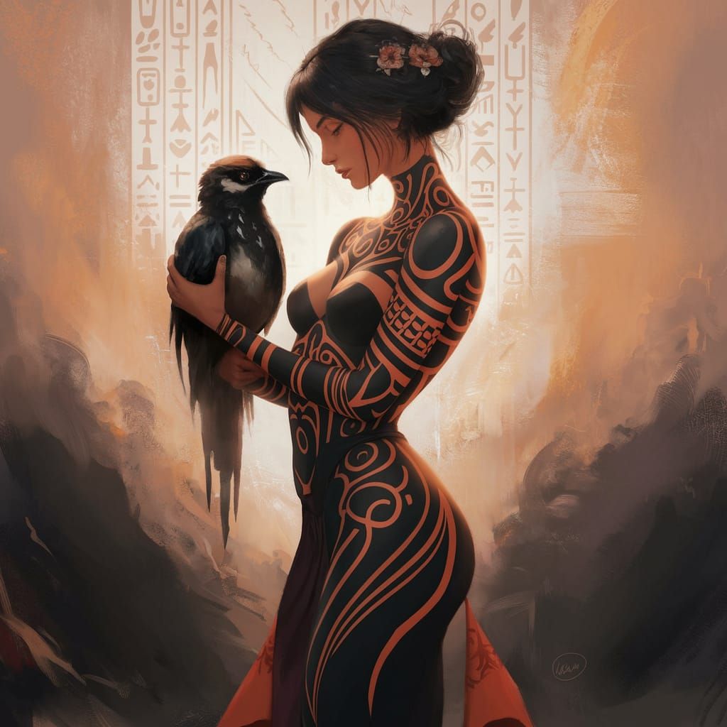 Enigmatic Tribal Goddess with Majestic Bird in Ethereal Land...