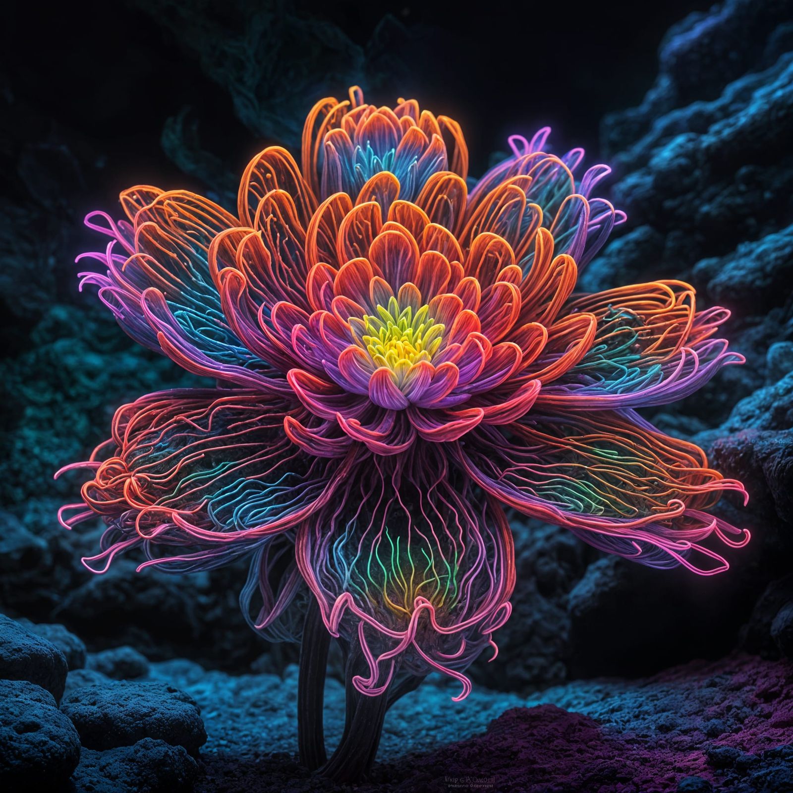 Bioluminescent Neon Asagao Flower in Fantasy Cave