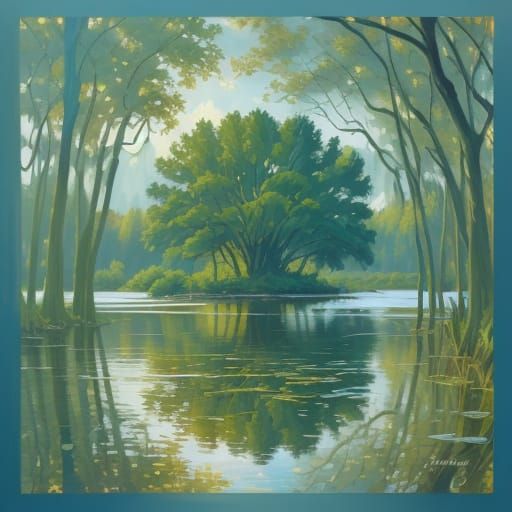 Oil Painting of Solitary Tree by Calm Lake