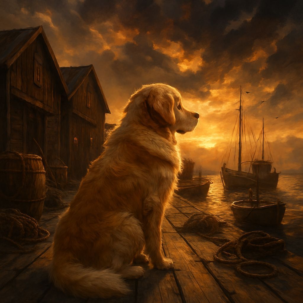 Golden Retriever at Sunset on Dock, Digital Painting