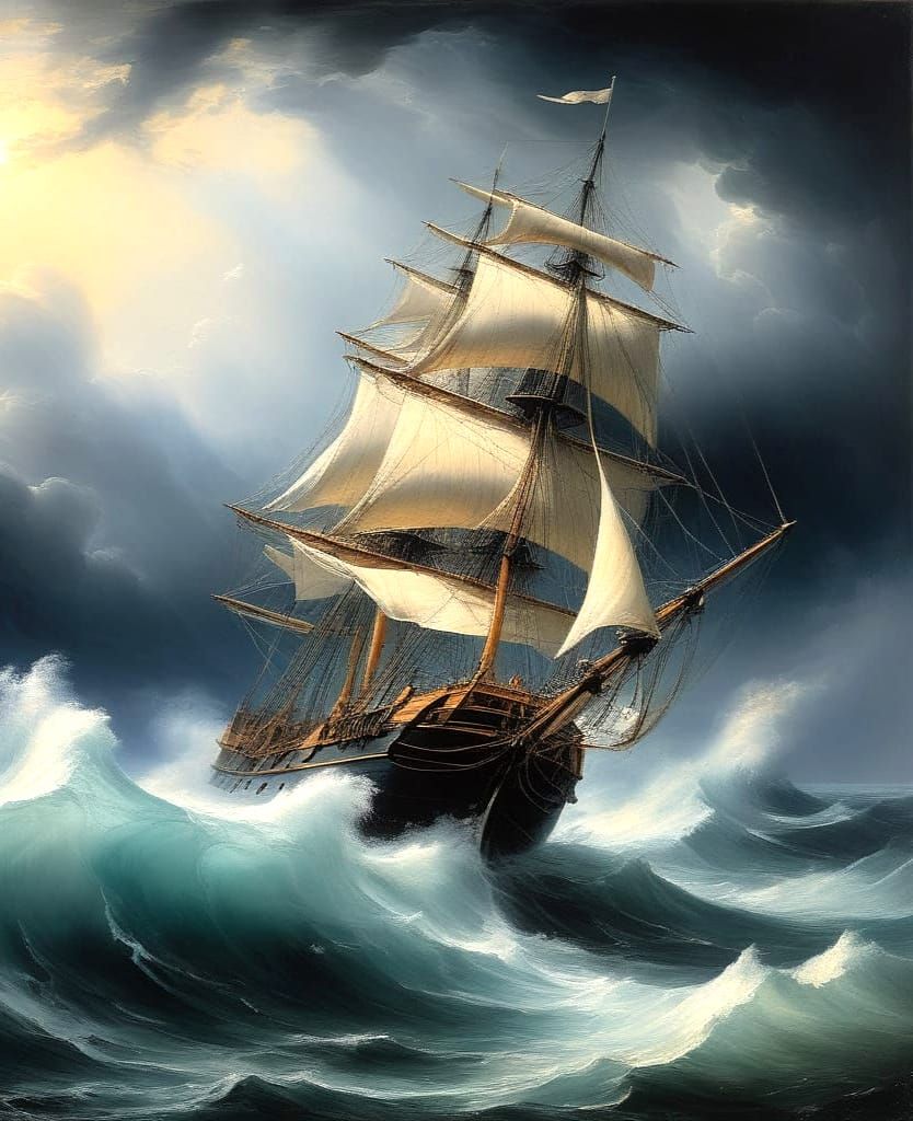 Storm-Tossed Sailing Vessel on Turbulent Waves