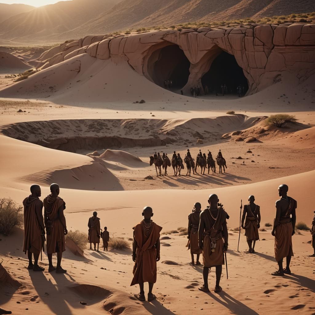 Himba People in Desert Cave at Sunset