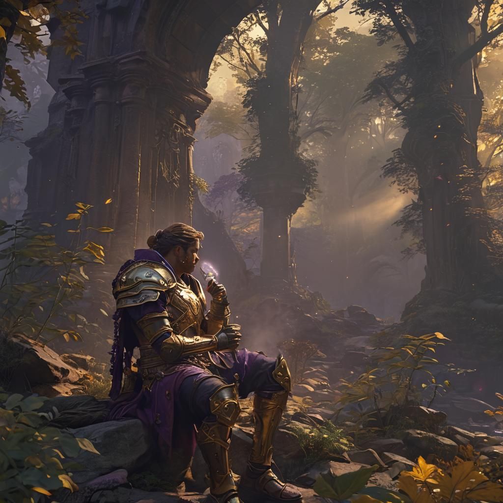 Wounded Paladin in Mystical Forest Ruin